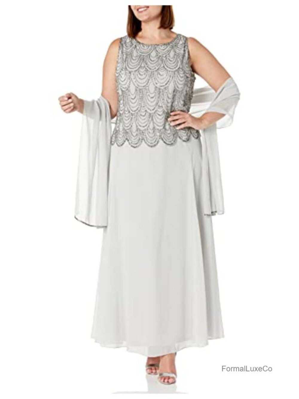 Sleeveless Beaded Pop Over Long Dress with Scarf Formal Floor Length